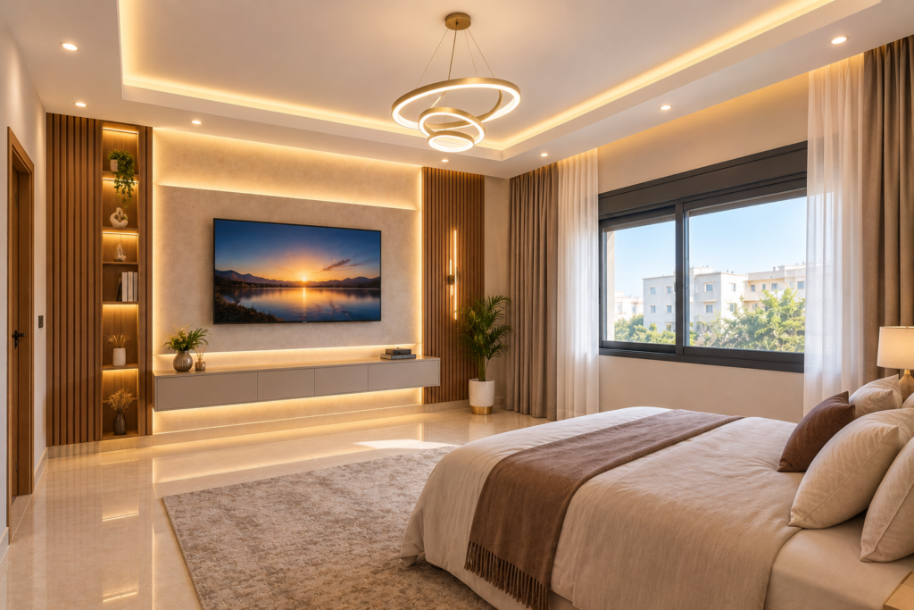 مشروع منفذ رقم 3 – تجديد وتصميم غرفة نوم مع خلفية شاشة وبديل الخشب بجدة